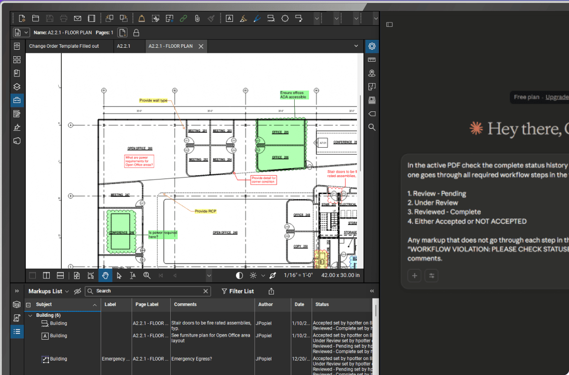 Interfaz de Bluebeam ejecutando flujos de trabajo avanzados
