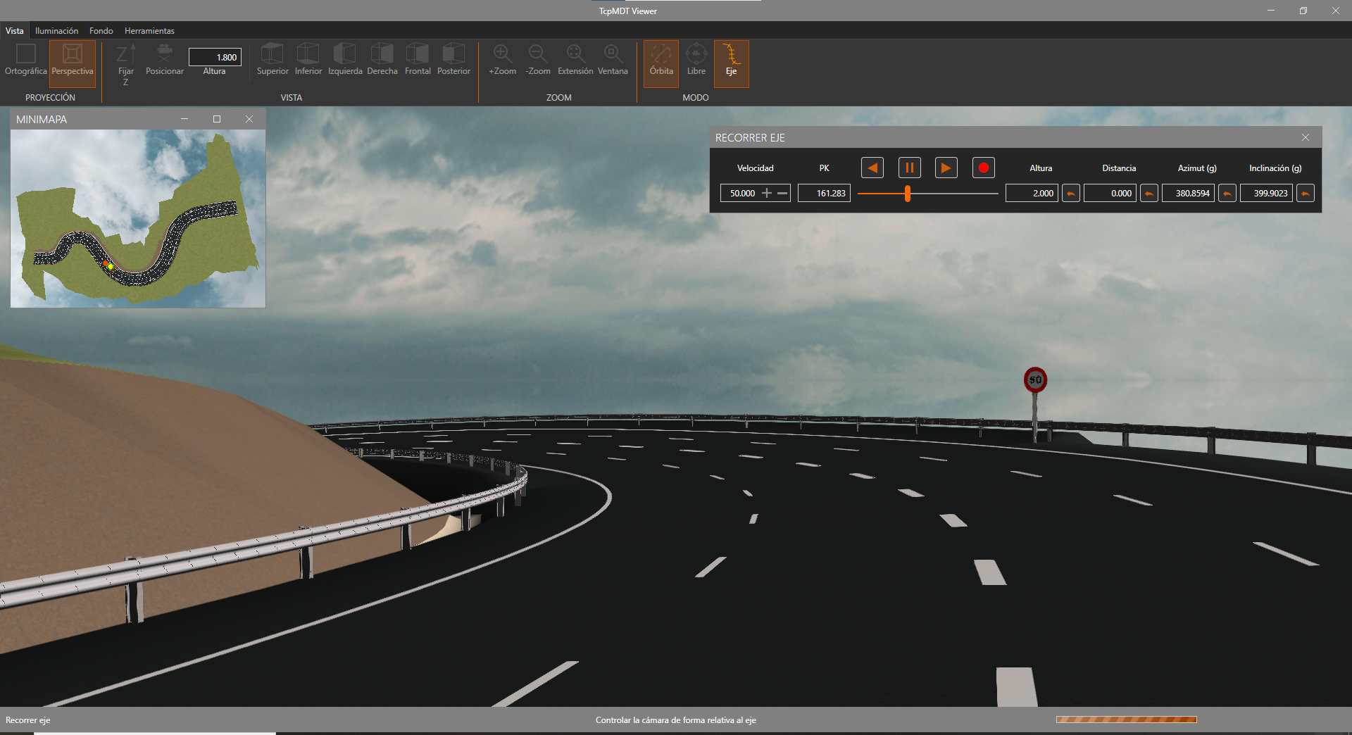 Visión tridimensional renderizada de proyecto vial con visor avanzado tcpMDT