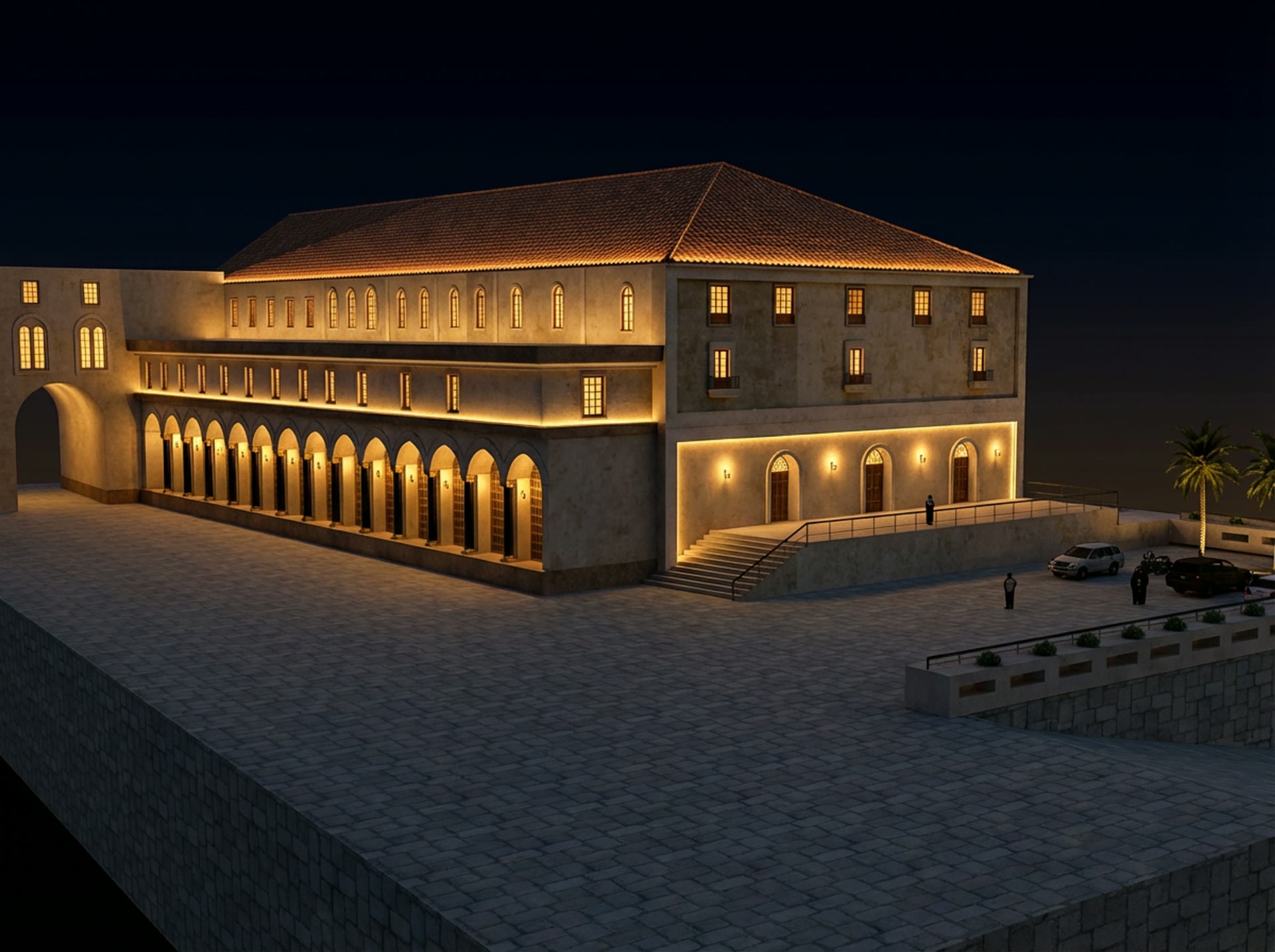 Render fotorrealista de edificio de noche
