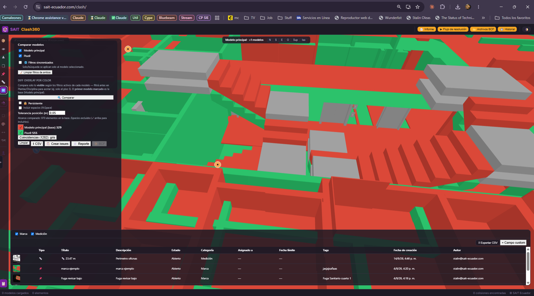 Comparación de versiones de modelo con overlay de diferencias